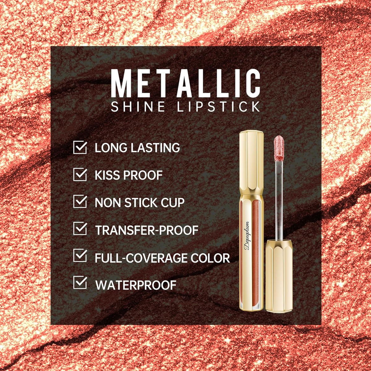 Bronze Lipsticks for Women Metallic Lipstick Long Lasting Non Stick Cup Lip Gloss, Metal Shine