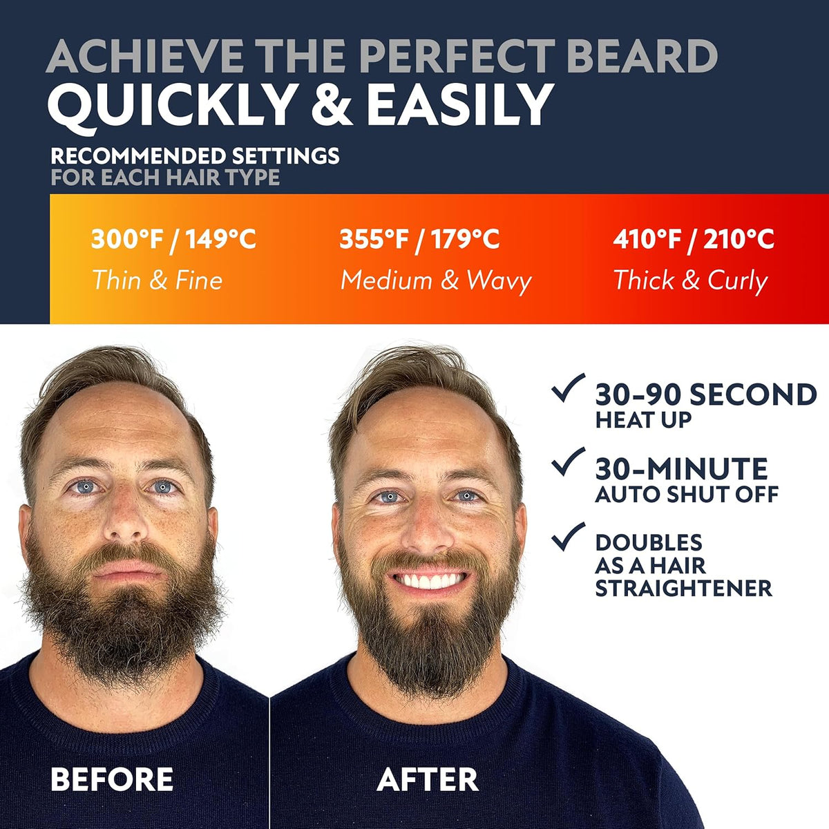 Arkam Beard Straightener for Men - Original Heated Beard Brush Kit w/Anti-Scald Feature, Dual