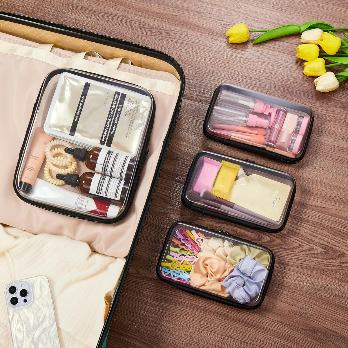 4 pcs Clear Zipper Pouches,Hard Shell Zipper Case, Toiletry Bag for Travel, CLear Diaper Bag