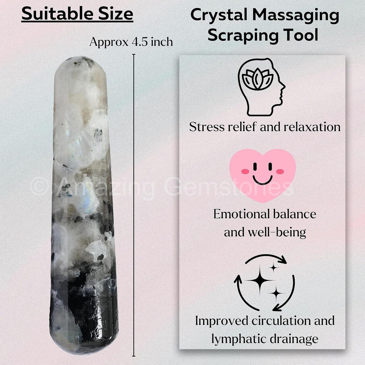 Amazing Gemstone Rainbow Moonstone Crystal Wand Massage Stick - Pelvic Wand Gua Sha for Adults