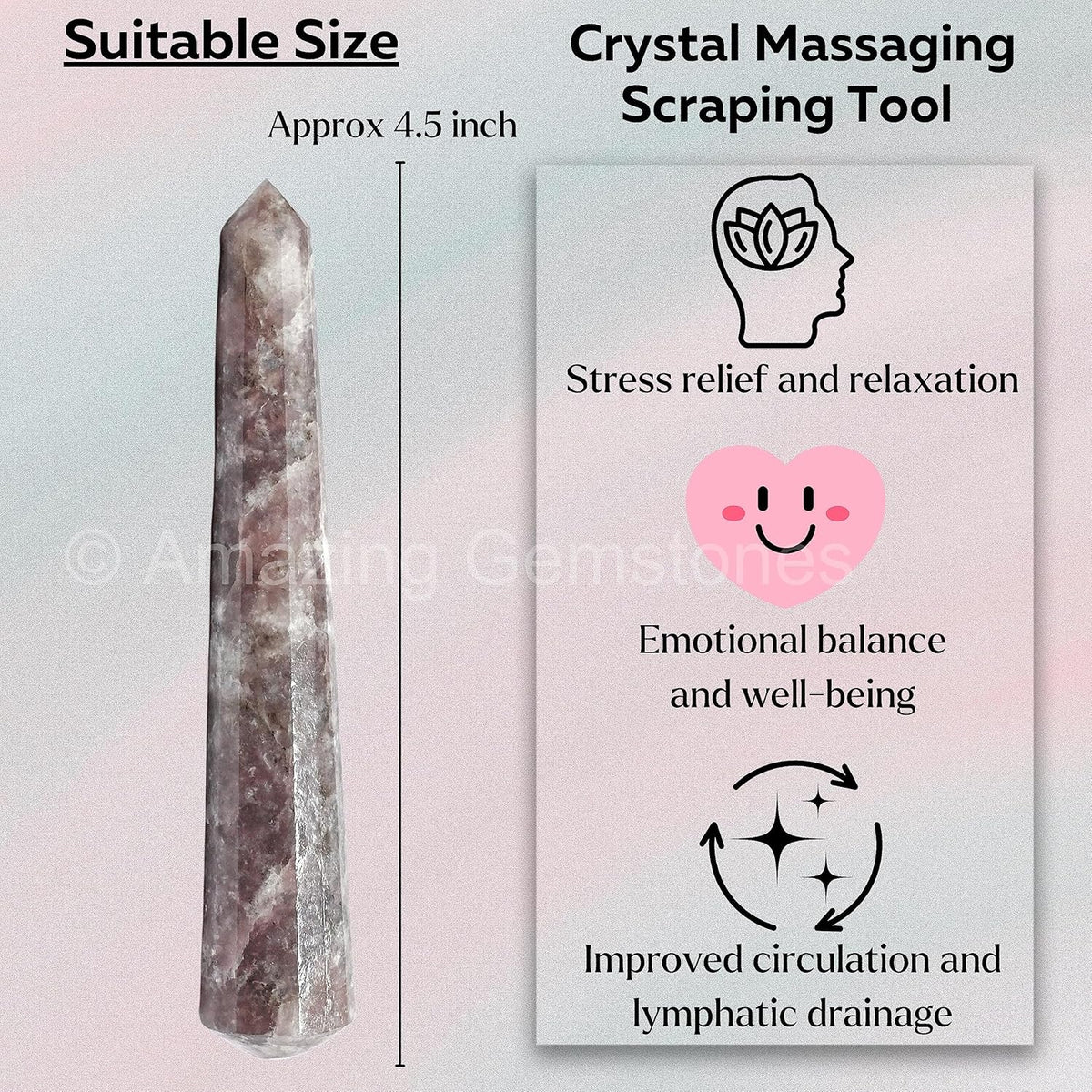 Amazing Gemstone Lepidolite Crystal Wand Massage Stick - Pelvic Wand Gua Sha for Adults - Crystals